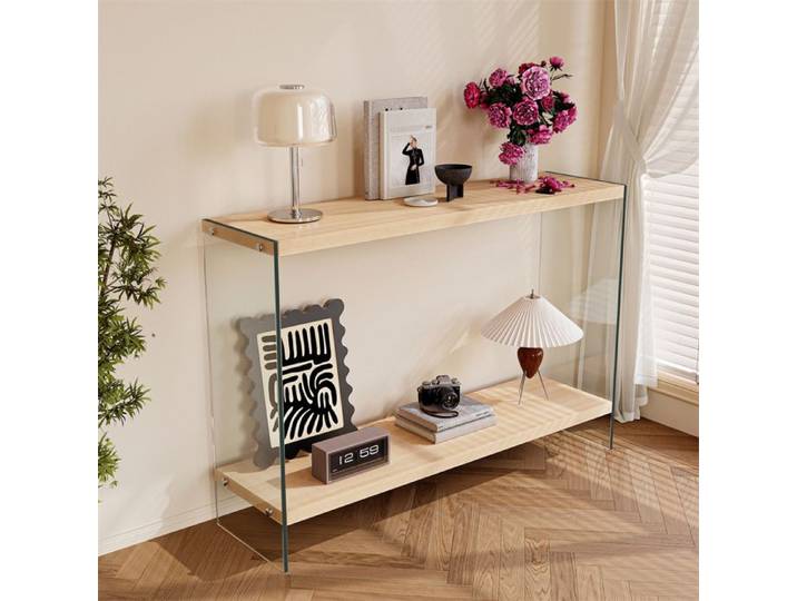 Table Console en Bois - Console Meubre d'Entrée Modern avec Cadre Verre Trempé Solide pour Salon Couloir Bureau - 120x30x76cm