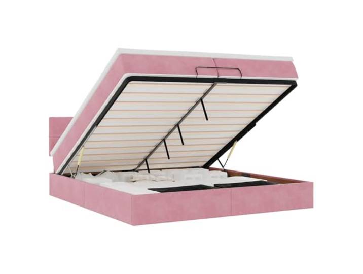KKgypkn Hydraulisches Ottomanbett Rosa Samt 200x200 cm mit LED-Beleuchtung und Stauraum, inklusive Taschenfederkernmatratze und Matratzenauflage