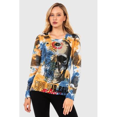 Sweatshirt CIPO & BAXX "SWEATSHIRT", Damen, Gr. L, bunt (mustard), 95% Baumwolle, 5% Elasthan, bedruckt, Basic, regular fit normal, Rundhals, Sweatshirts Sweatshirt, komfortablen Stil