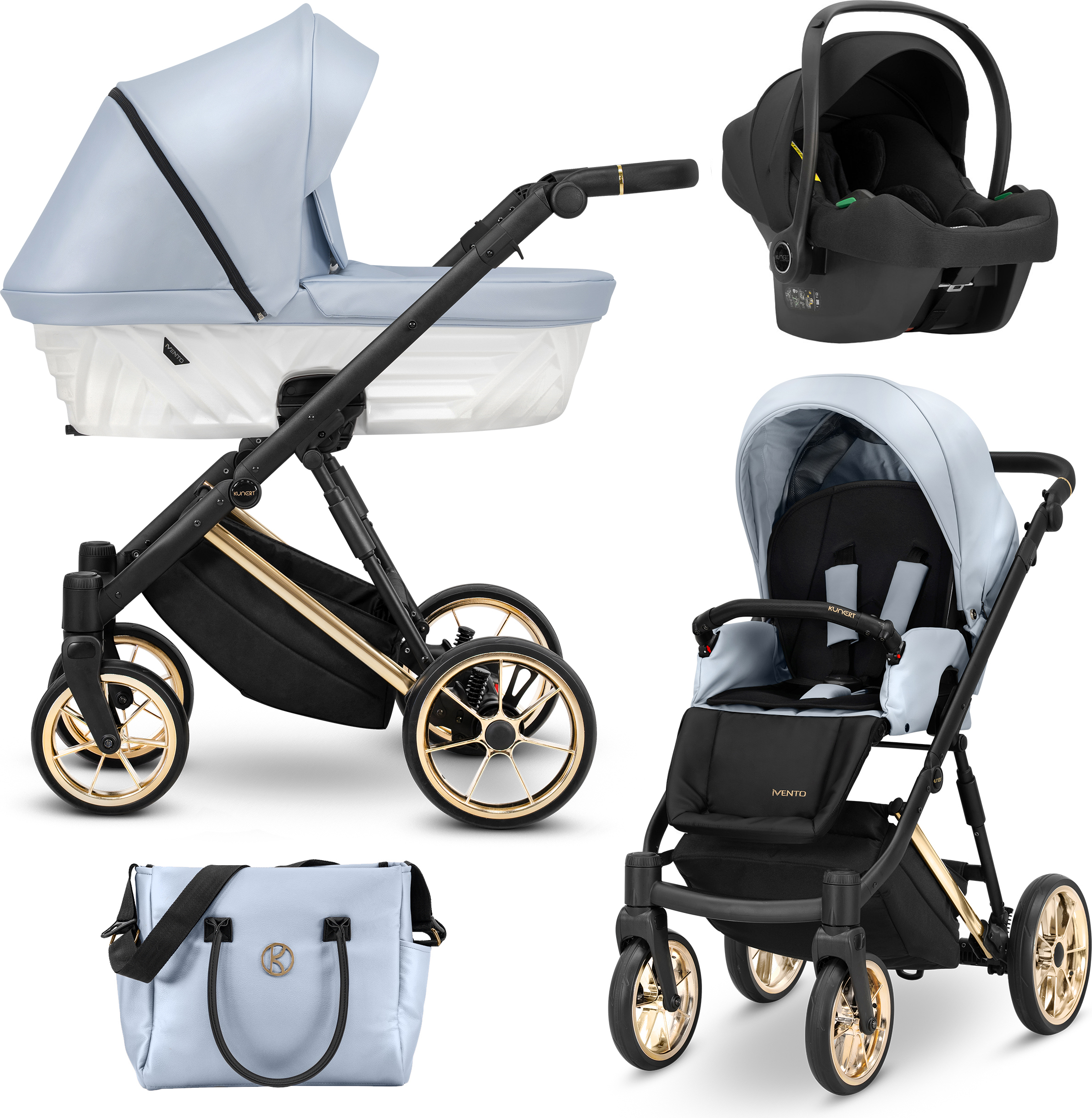 Kinderwagen Kunert Ivento Premium 3in1 - goldene Rahmenfarbe - Farbe: Eco Baby Blue Metallic