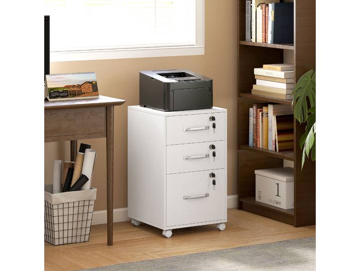 HOMCOM Caisson Bureau 3 Tiroirs Verrouillables Roulettes Blanc