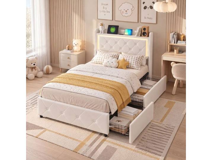 Lit Coffre 90x200 cm avec LED et 2 tiroirs Lit simple rembourré avec chargement USB Lit une place 1 personne Velours Beige