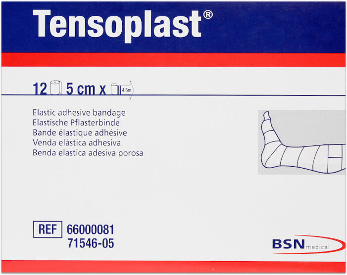 Tensoplast 5 cm x 4,5 metros: Ligadura elástica adesiva (Caixa de 12 unidades)