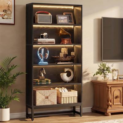 YUZHOU "70.9"" Tall Bookshelf, Black Bookcase with 7 Color LED Lights"