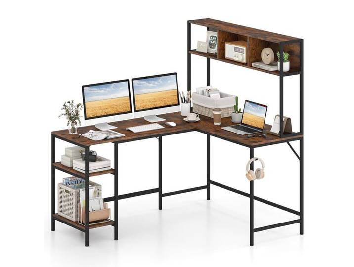 Bureau d'angle en Forme de L avec Bibliothèque (Marron) - Métal - Forme L - Autonome