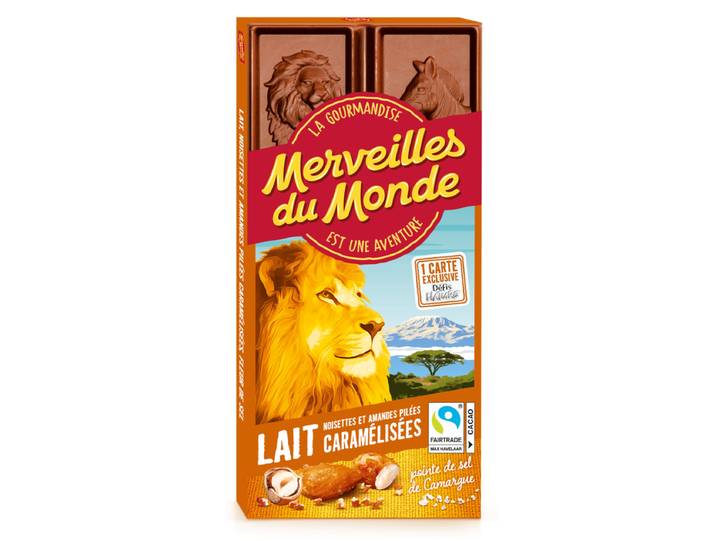 Merveilles du Monde Lait, Amandes et Noisettes pilées caramélisées &amp; Pointe de sel - 100g