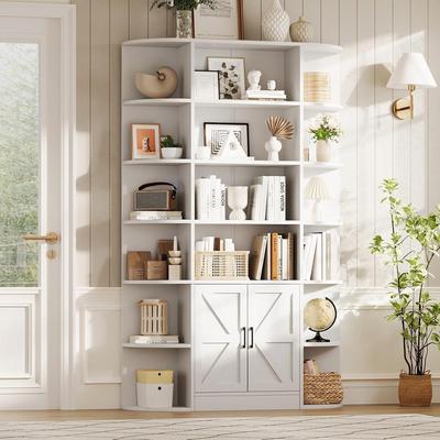 Garvee "75"" Tall 6-Tier Wooden Bookshelf with Storage Cabinet and Doors - Wide Organizer"