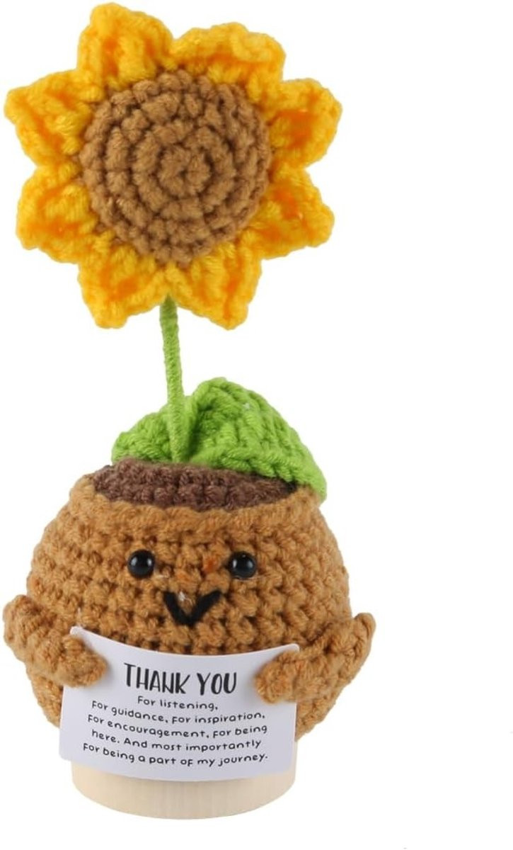 Unieke Gehaakte Zonnebloem Pop met Bedankkaart - Origineel Cadeau voor Leraren, Verjaardagen en Afgestudeerden