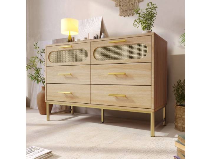 Buffet bas en rotin avec 6 tiroirs Commode meuble de rangement Pour salon et chambre