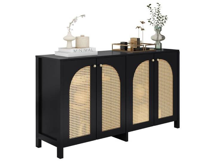 Buffet bas 4 portes en rotin - Noir - Style moderne minimaliste - MDF
