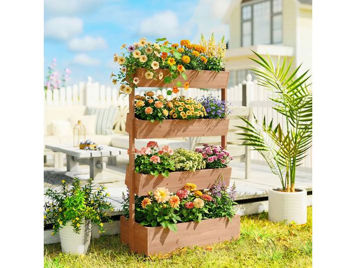 Outsunny Jardinière 4 Niveaux Bois Surélevée Extérieur Marron