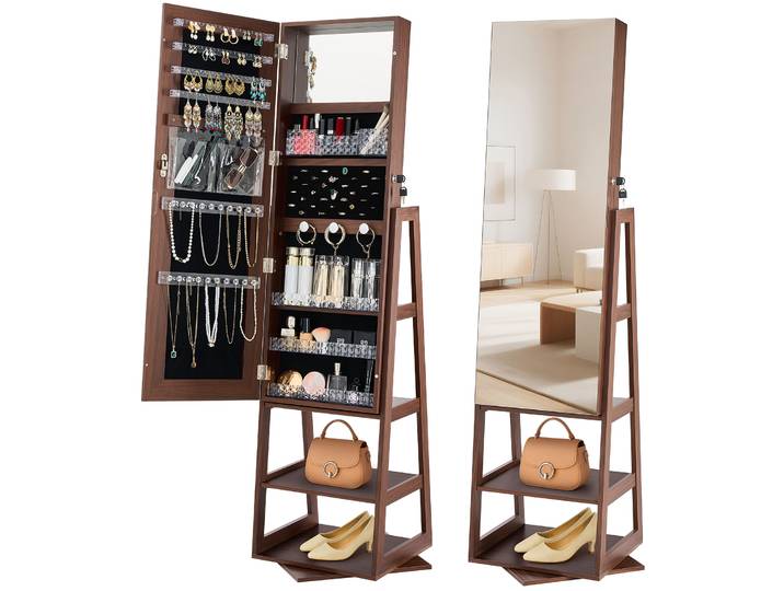 SucceBuy Standing 360 ° Armoire à bijoux pivotante avec miroir pleine longueur, porte verrouillable avec 2 clés, pochettes pour accessoires et étagères de rangement