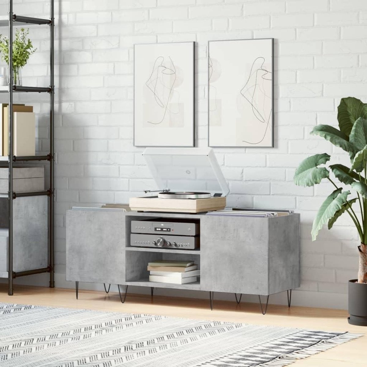Platenkast Hout voor Vinyl Opslag en Muziek Collectie - Betongrijs - Breedte: 121 cm