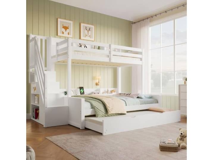 Holzbett Etagenbett 90x200 mit Regal & Treppe & Ausziehbett & USB, Weiß Multifunktionales Kinderbett Etagenbett 90x200 mit Regal, Treppe, Ausziehbett, USB-Anschluss und Stauraum, Ohne Matratze