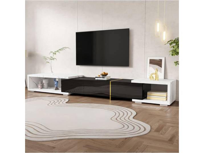 Meuble TV - SENVIRO extensible pivotant marbre 140 à 260 cm blanc noir et details dores