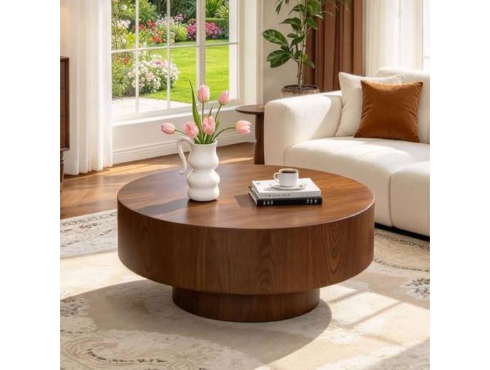 Runder Couchtisch In Trommelform 30,5 Zoll Mit Dunklem Walnussfurnier Niedriger Couchtisch Aus Holz Mit Stabilem Sockel Moderner Runder Beistelltisch Für Das Wohnzimmer