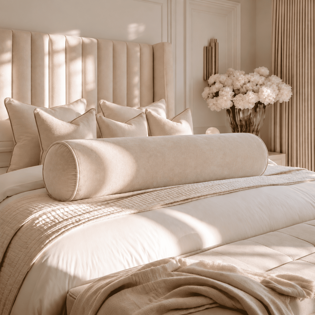 Samaria Large Cream Velvet Rounded Bolster Cushion