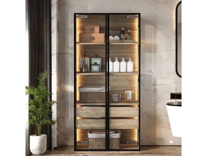 Vitrine en verre avec éclairage LED - Armoire haute pour salon suspendue - Avec 3 étagères et 2 tiroirs de rangement - 74x36x155cm