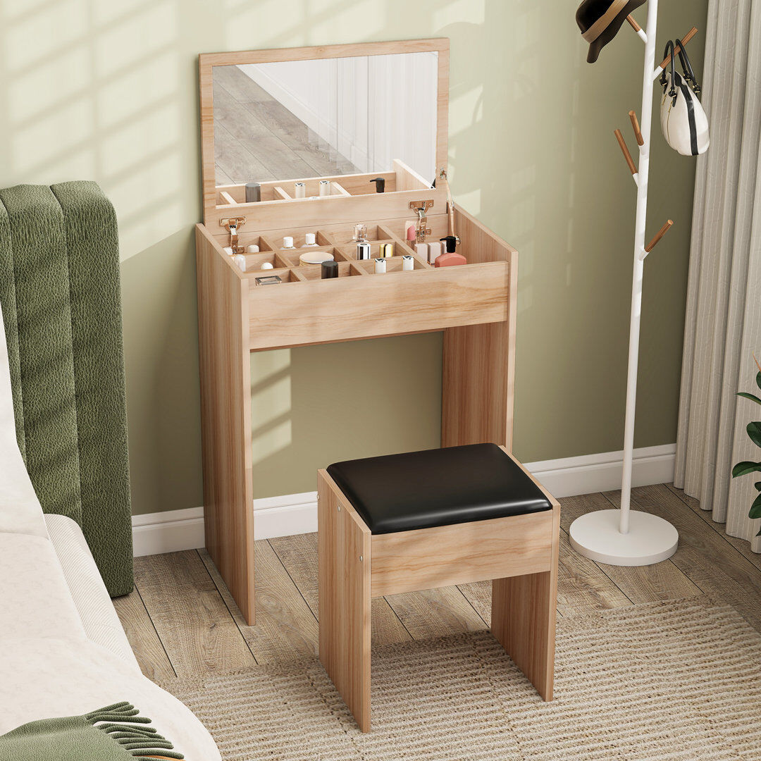 Fernleaf Quincey Dressing Table Set Stool Flip-up Mirror Brown 79cm H X 60cm W X 40cm D