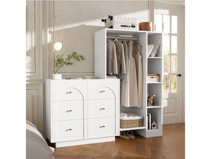 HOMVRA Armoire de Chambre 139x35x133 cm - Barre de Penderie - 6 Tiroirs - Étagères Latérales - Blanc
