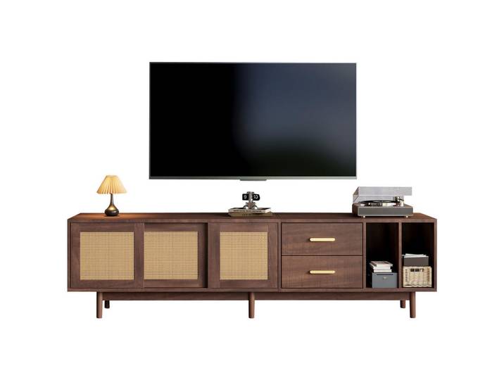 Flieks Tv-Schrank 190x40cm Lowboard braun Rattan 6 Stützbeine bis 75 Zoll, Braun, Holz, 48.5x13.5x122.2 cm, Wohnzimmer, TV Möbel, Lowboards, Lowboards stehend