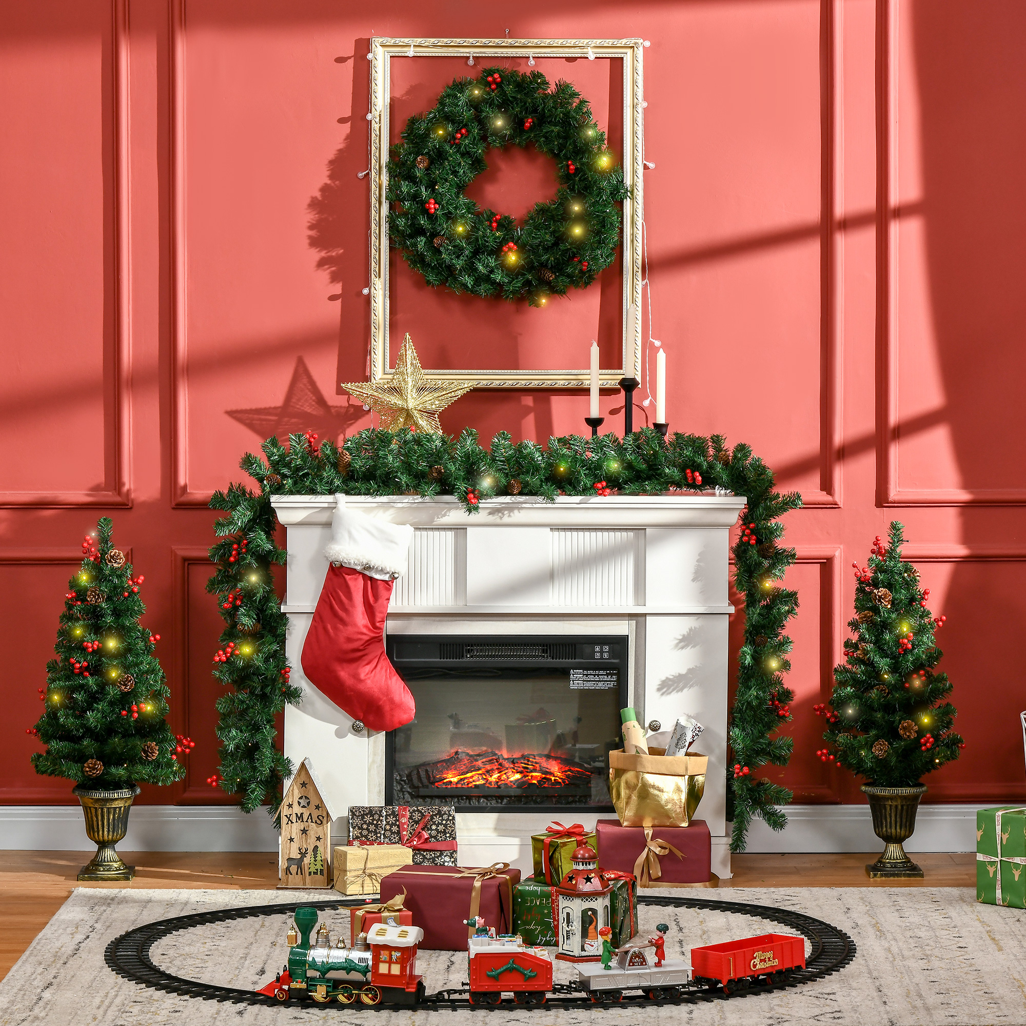 Homcom Decorazioni Natalizie con Luci LED e Bacche Rosse, Set 4 Pezzi con 2 Alberelli di Natale Φ40x90 cm, Ghirlanda Natalizia e Corona di Natale