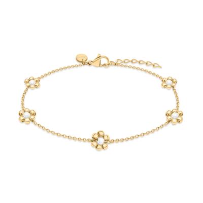 Armband S.OLIVER "Flower, Blüten-Design", gold (gelbgoldfarben, weiß), Armbänder, Damen, 21cm, Edelstahl Perlen, Edelstahl, Perlen, Armband, mit Perle (imitiert)