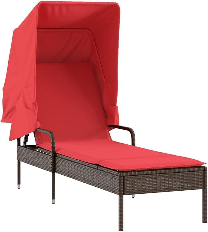 Sonnenliege mit Sonnendach Braun Polyrattan Gartenliege mit roter Auflage verstellbare Rattanliege Relaxliege mit Dach für Garten Balkon Terrasse Outdoor Liege
