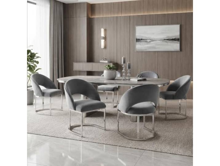 Merax 6er Set Esszimmerstühle mit Samtbezug, geschwungener Form, versilberten Beinen – Grau+Silber