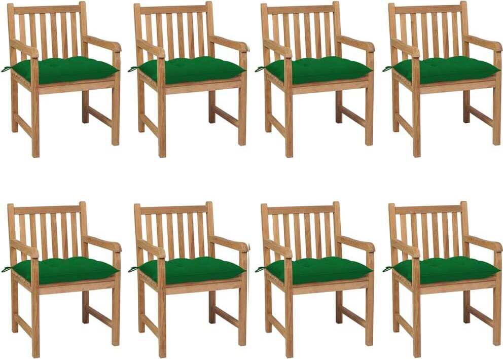 Gartenstühle 8 Stk. mit Grünen Kissen Massivholz Teak