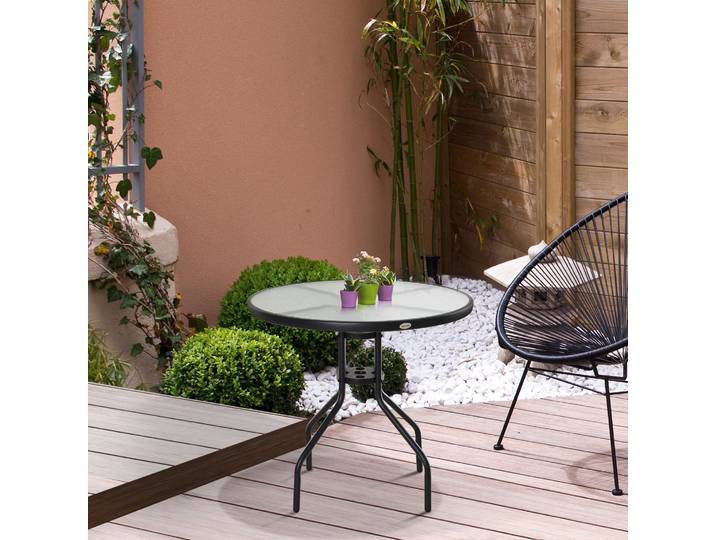 Outsunny Table Bistro Ronde Noir Acier Verre Ø80cm Parasol