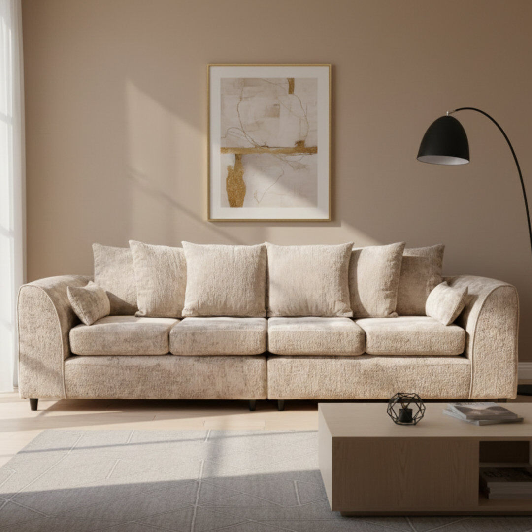 Metro 4 Seater Chenille Sofa Beige 90cm H X 250cm W X 90cm D