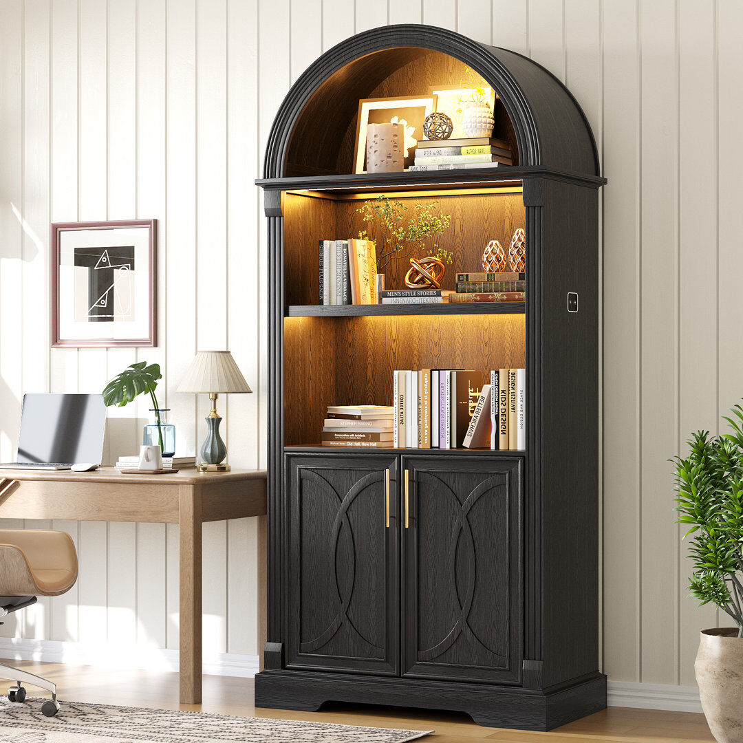 Blue Elephant French Vintage Arched Display Cabinet with LED Lighting, Open Shelving and Cupboard Storage Black 177.8cm H X 79.8cm W X 39.9cm D
