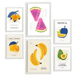 POSTER Set Mit 6 Lebensmittel Und Ernährungs Bunte Früchte Natur Und Ernährungs Für Innenarchitektur A3 & A4 Weißer Rahmen