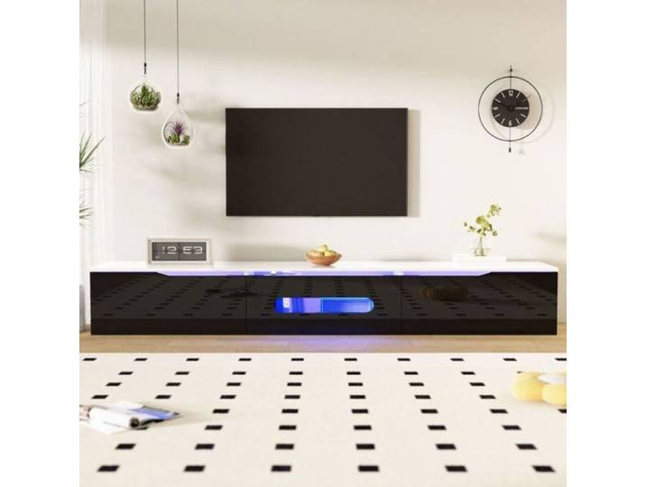 Meuble TV montage mural 180cm Noir blanc finition brillante LED 16 couleurs blanc LIVING