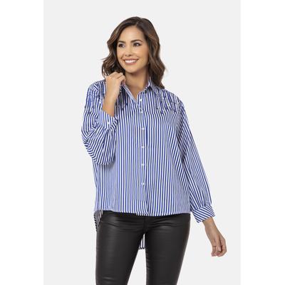 Hemdbluse CIPO & BAXX "WH122", Damen, Gr. M, blau, 70% Baumwolle, 30% Polyester, gestreift, regular fit normal, Manschette, Blusen Hemdbluse, leicht oversized Passform und verlängertem Rücken