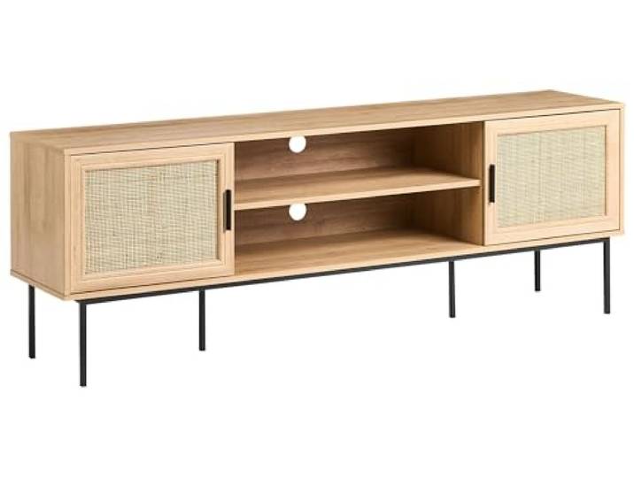 TV-Möbel hellbraun Rattan-Türen offenes Fach schwarze Metallbeine Pasco