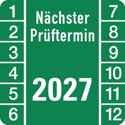 Prüfplakette ab 27, Nächster Prüftermin, Jahresfarben - Bogen = 10 Plaketten - 30 x 30 mm Folie selbstklebend