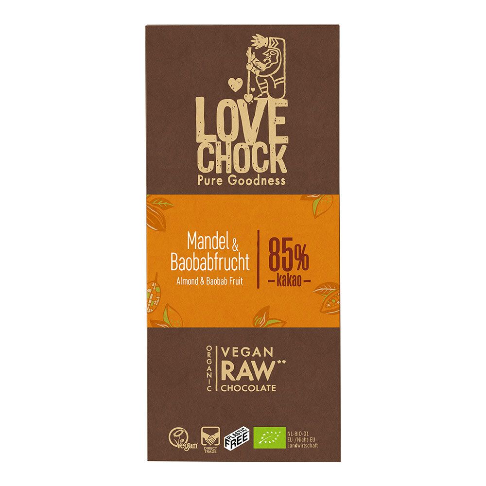 Lovechock Bio rohe Schokolade, Mandel-Baobab 70 g Schokolade