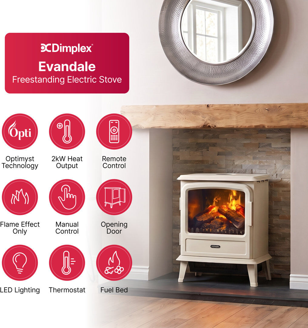 Dimplex Evandale Pebble Optimyst Water Vapour Technology Electric Stove Fire, Grey, 44cm W Pebble Grey 58cm H X 44cm W X 28cm D