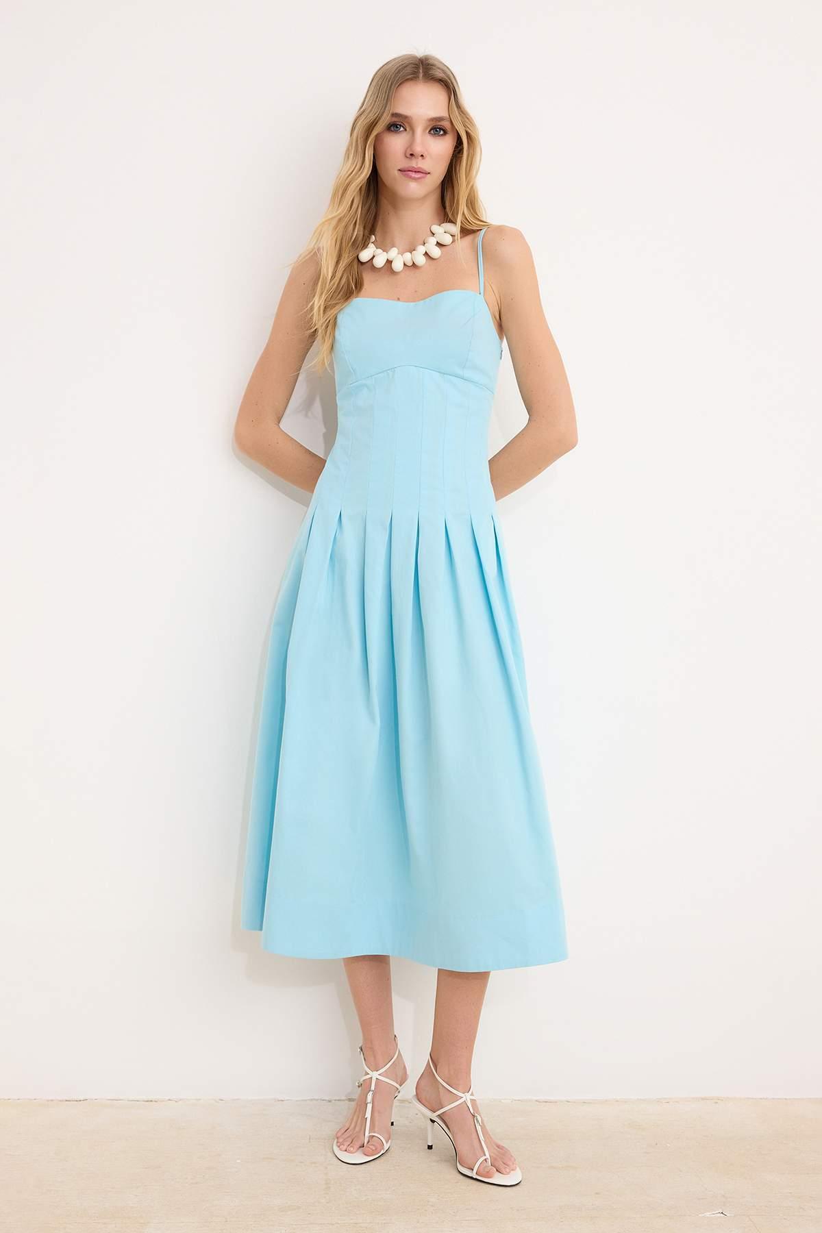 Damen marineblaues, flaches, ärmelloses Midi-Kleid im Skater-Stil für Freizeit und Alltag