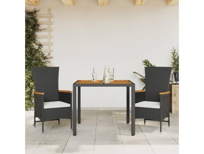 HEFZGDB 3-TLG. Garten-Essgruppe mit Kissen Schwarz Poly Rattan, Outdoor Esstischgruppe mit verstellbaren Sesseln und Akazienholz Tischplatte, pflegeleichtes PE-Rattan für Terrasse,
