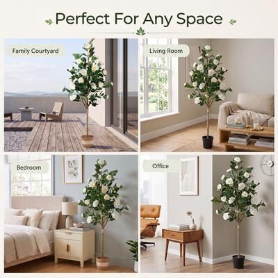 Artificial Camellia Tree 5-FT Faux Plants Indoor, with Easy Assembly, Low Maintenance