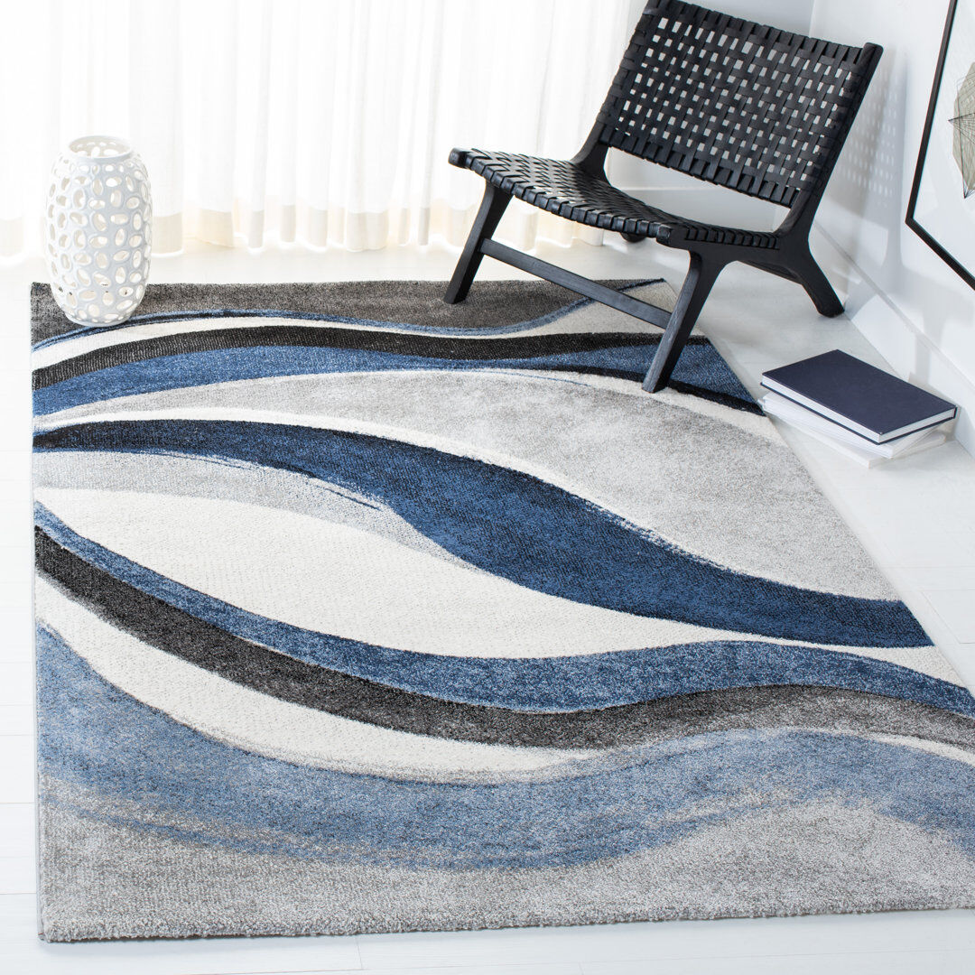 Ivy Bronx Abstract Area Rug Grey / Blue Round 160 cm