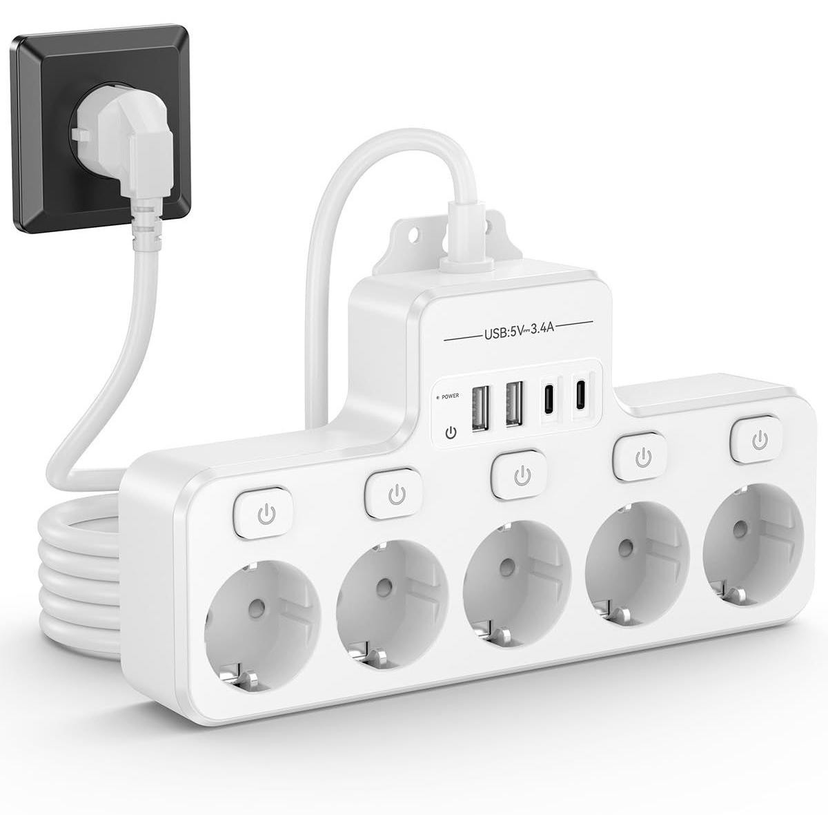 Lustrens Individueel schakelbare stekkerdoos met LED en USB, 5 vakken