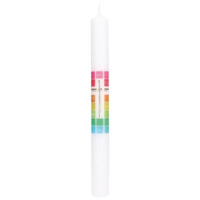 Symbolkerze mit Druckmotiv und aufgelegtem Wachsmotiv - Regenbogenfarben mit Kreuz in Gold