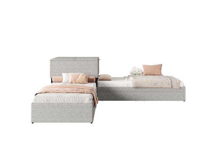 VLIVRA Lit combiné Lit 3 Places armoire d'angle 2 tiroirs et couchage gigogne 90×200 cm sans matelas