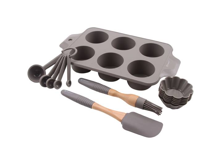 Muffinbackform mit Messlöffeln, Spachtel und Pinsel, Silikon