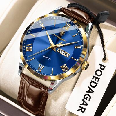 Youfap Market Luxury Business Wristwatch For Men, Date Week Leather Quartz Male Watch, Waterproof Luminous Fashion Men Watches gold Blue