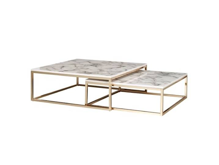 FineBuy Couchtisch 2er Set 75x75x27 cm Weiß Marmor-Optik, Goldgestell quadratische Wohnzimmertische mit Metallgestell, Ablage für Getränke und Snacks, Sofatische flach